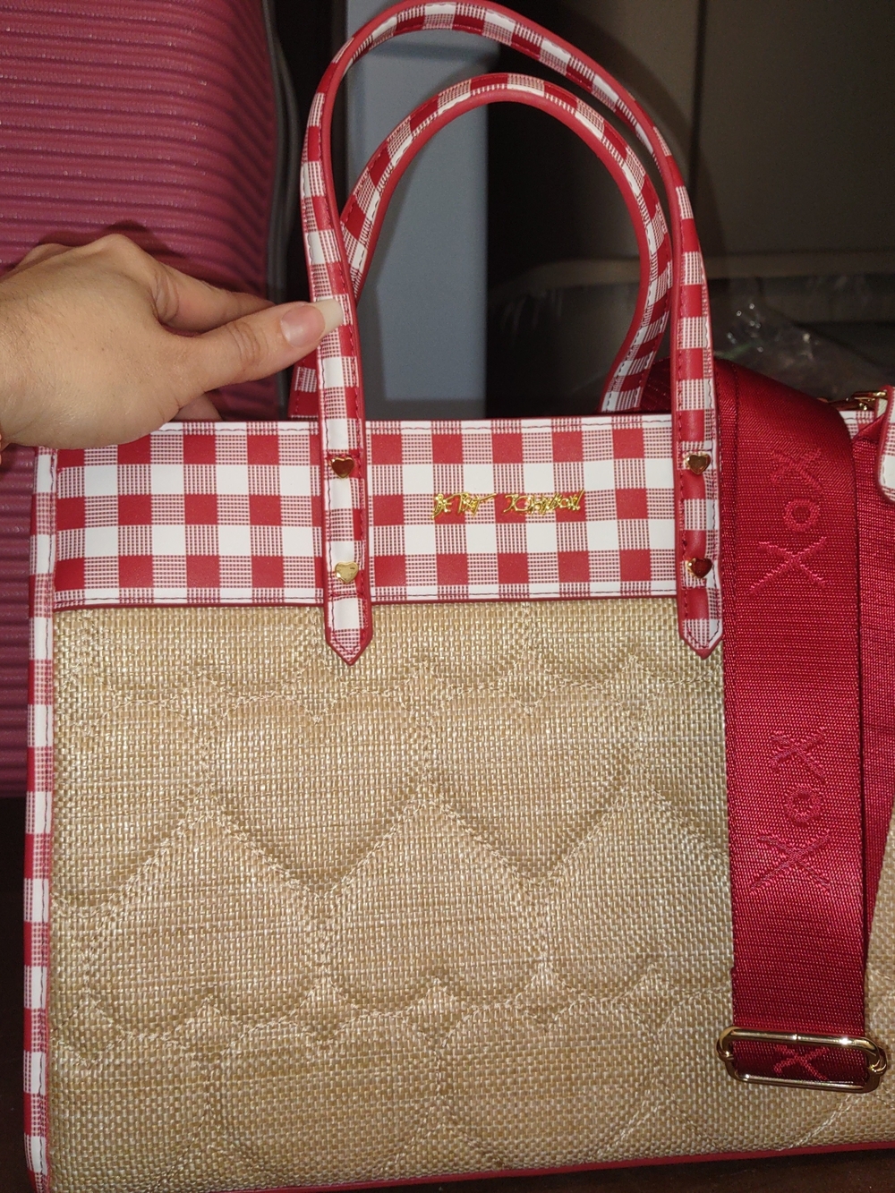 Betsey Johnson Red Gingham & Straw Tote with Detachable Red Strap